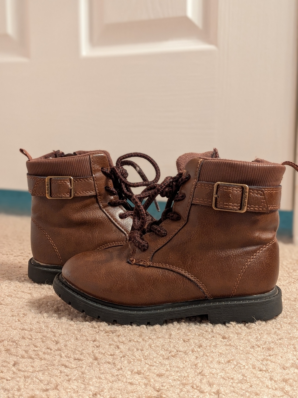 Carter's Brown Lace-Up Faux-Leather Kids Ankle Boots with Buckle